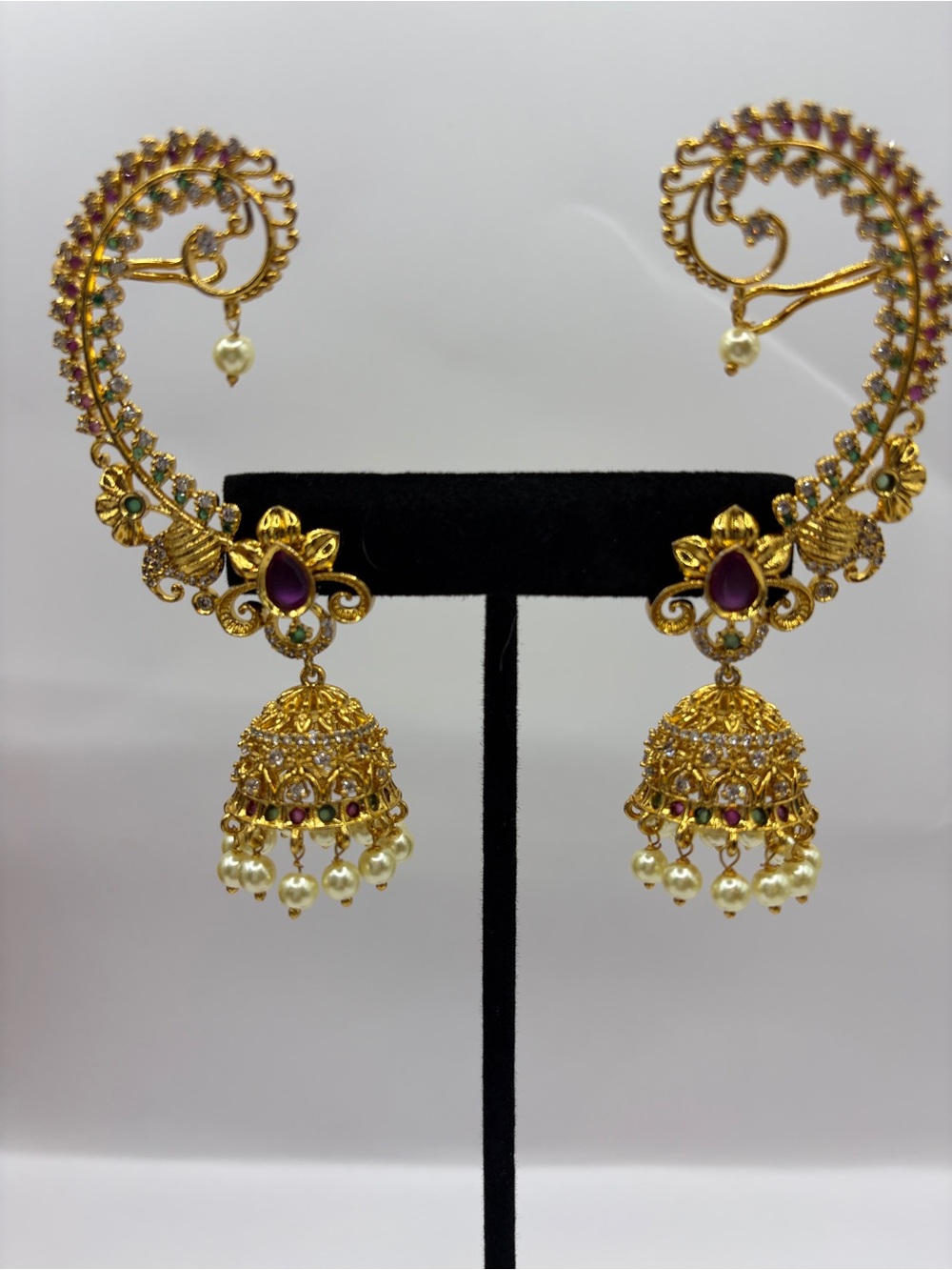 Gold-Plating Desi Jhumka Ear Cuff with Red - Green Stone And Pearls
